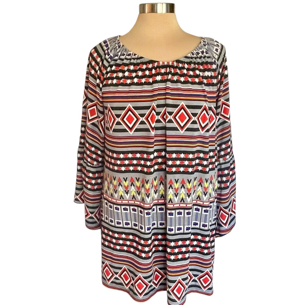 Ali Miles Lagenlook Boho‎ Bold Print Top Womens Large Artsy Multicolor Stretchy